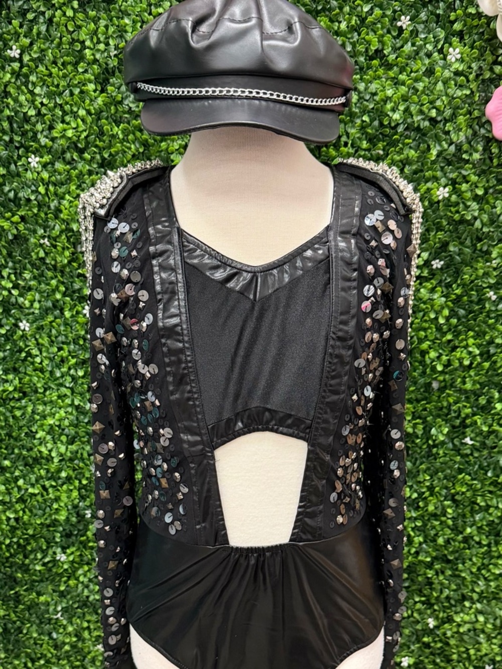 Glamour Black Sequin Studded Dance Costume with Leatherette Accents
